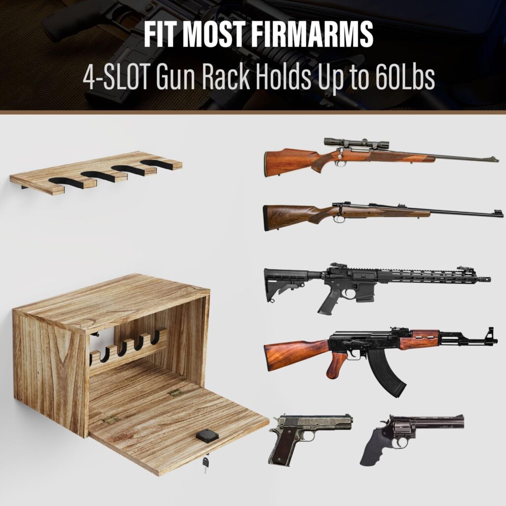 Emfogo Gun Rack Wall Mount, Wooden Rifle Racks with Gun Rack for Wall, Gun Display Racks for Indoor Firearms Storage, Holds up to 4 Long Guns and 6 Handguns, Gifts for Husband, Dad