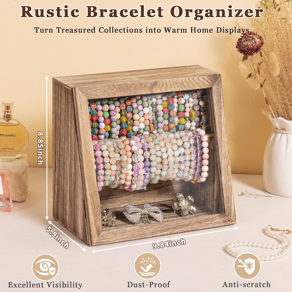 Emfogo Bracelet Holder Display Box with Clear Viewing Window, Rustic Brown