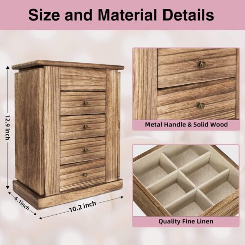 Emfogo Jewelry Box for Women, 5 Layer Large Wood Boxes & Organizers for Necklaces Earrings Rings Bracelets, Rustic Organizer with Drawers and Mirror