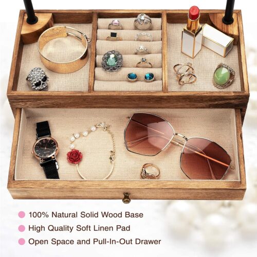 Emfogo 6 Tier Jewelry Organizer Stand, Rustic Wood & Metal Jewelry Holder, Earring Organizer with Adjustable Height Necklace Holder for Jewelry Display & Storage