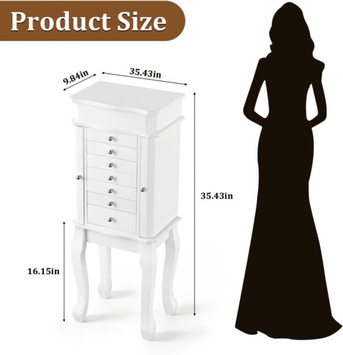 Emfogo Standing Jewelry Armoire Cabinet, Large Standing Jewelry Organizer Box with Top Flip Mirror, 7 Drawers & 2 Side Doors, Jewelry Chest for Rings Earrings Necklaces Bracelets