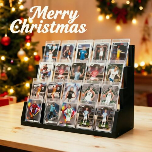 Emfogo Card Display Stand, 4-Tier Trading Card Display with Solid Base, Wooden Graded Sports Card Display, Trading Card Display Stand for Card Collection & Show