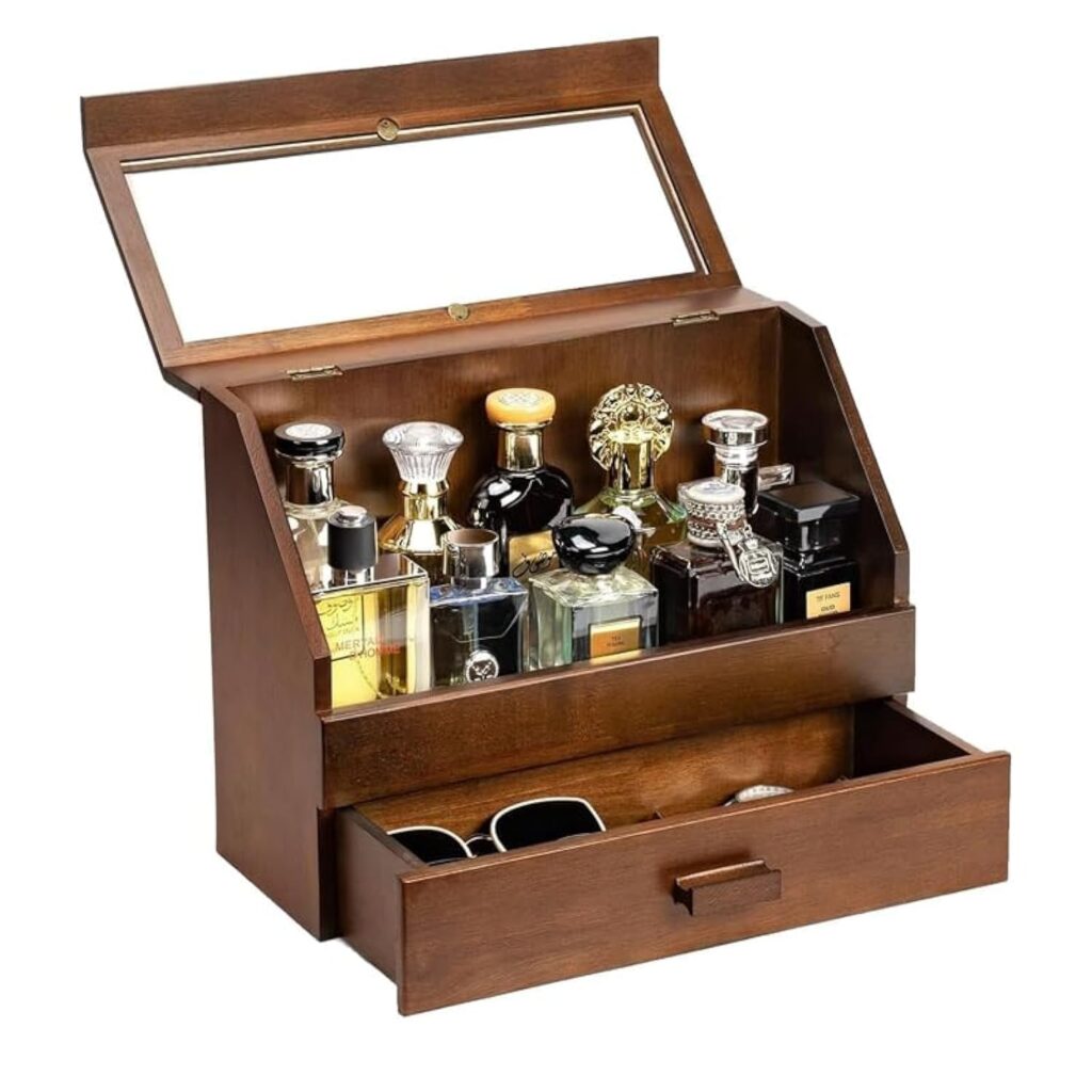 Emfogo Cologne Organizer for Men - Dustproof Stand with Drawer, Wood Perfume Stand Organizer for Dresser, Large Capacity Cologne Holder Display, Great Gift for Men