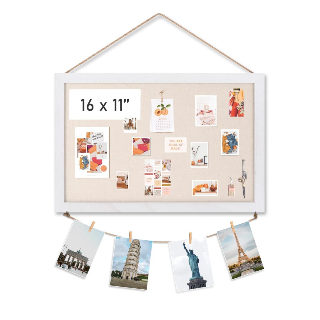 Emfogo Cork Board Vision Board, 16 "x11 White Linen Cork Boards for Walls with Frame, Pin Board Bulletin Board for Home Kitchen School Office Decor