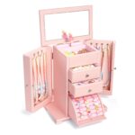 Emfogo Jewelry Box for Women, Rustic Wooden Jewelry Boxes & Organizers with Mirror, 4 Layer Jewelry Organizer Box Display for Rings Earrings Necklaces Bracelets