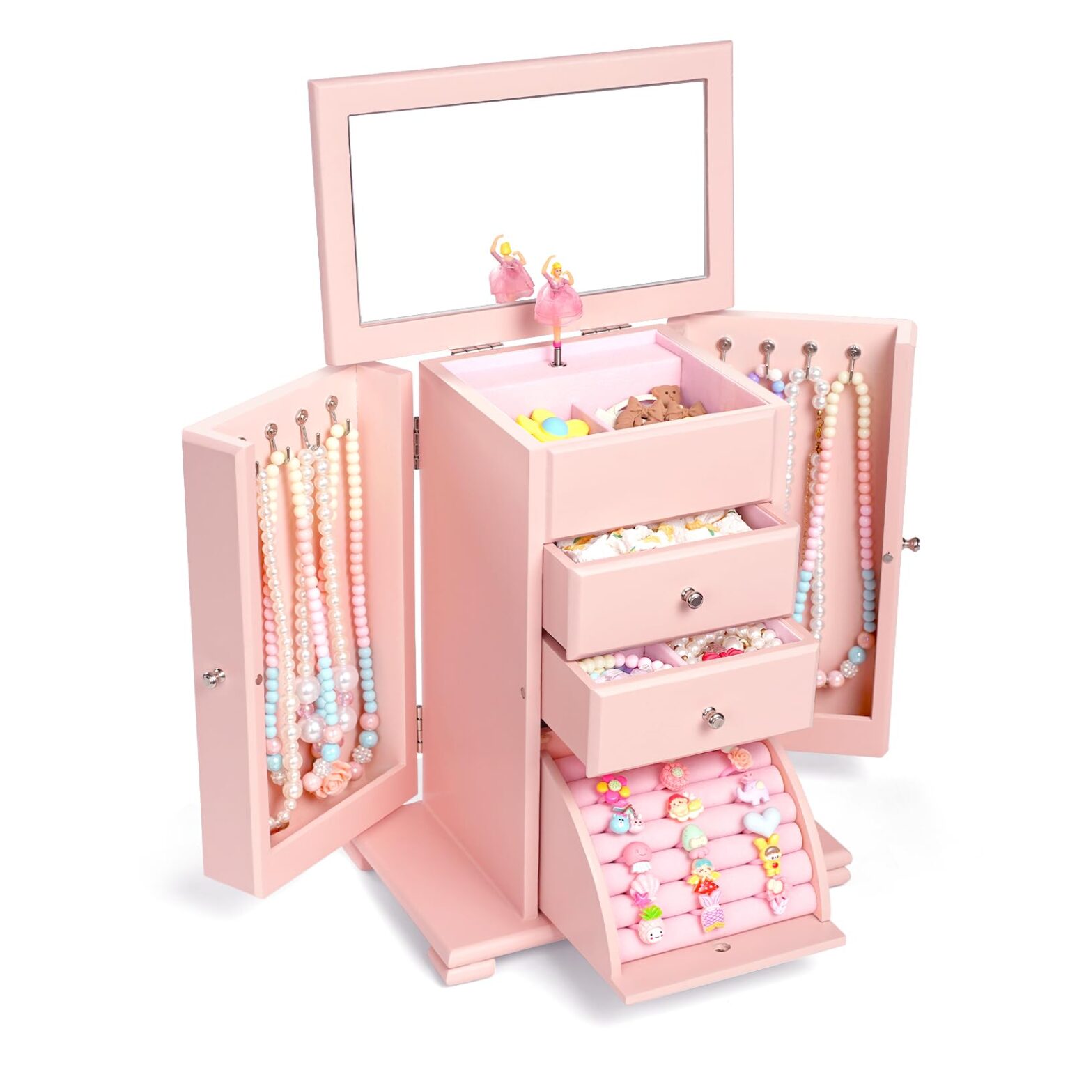 Emfogo Jewelry Box for Women, Rustic Wooden Jewelry Boxes & Organizers with Mirror, 4 Layer Jewelry Organizer Box Display for Rings Earrings Necklaces Bracelets