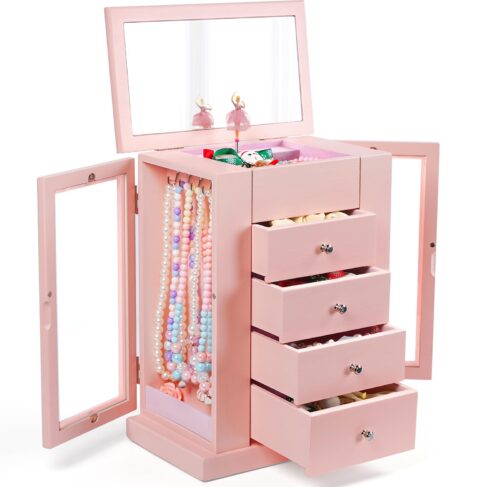 Emfogo Jewelry Box for Girls, Musical Jewelry Box with Spinning Dancer Gifts for Little Girls Christmas New Year Birthday Children's Day, 5 Layer Large Wooden Kids Music Jewelry