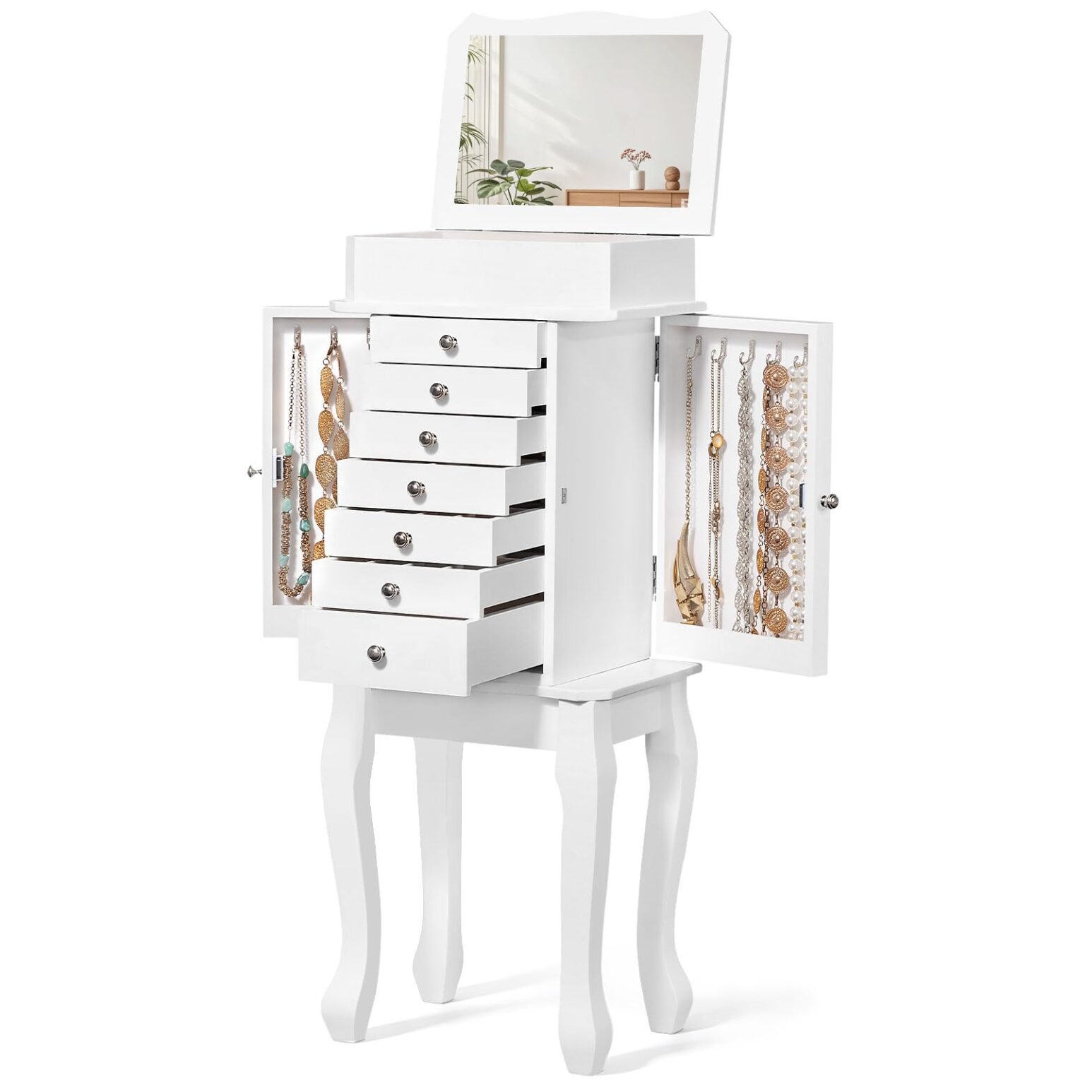 Emfogo Standing Jewelry Armoire Cabinet, Large Standing Jewelry Organizer Box with Top Flip Mirror, 7 Drawers & 2 Side Doors, Jewelry Chest for Rings Earrings Necklaces Bracelets