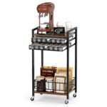 Emfogo Coffee Cart Station, 4-Tier Coffee Station Organizer with Lockable Wheels, Coffee Pod Holder Drawer Holds 84 Pods, Coffee Bar Cart for Kitchen, Living Room, Office, Rustic
