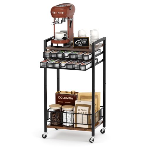 Emfogo Coffee Cart Station, 4-Tier Coffee Station Organizer with Lockable Wheels, Coffee Pod Holder Drawer Holds 84 Pods, Coffee Bar Cart for Kitchen, Living Room, Office, Rustic