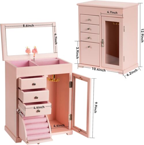 Emfogo Jewelry Box for Girls, Kids Jewelry Box with Spinning Dancer, 5 Layer Large Wooden Musical Jewelry Organizer Box Gifts for Little Girls Christmas New Year Birthday
