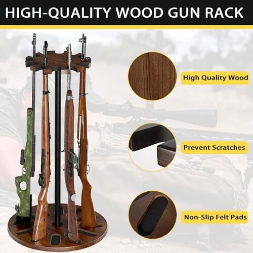 Yoimori Indoor Gun Racks, Rotating Gun Rifle Rack Stand, Heavy Solid Wood Gun Storage-Holds up to 12 Guns Display Brown - Brown