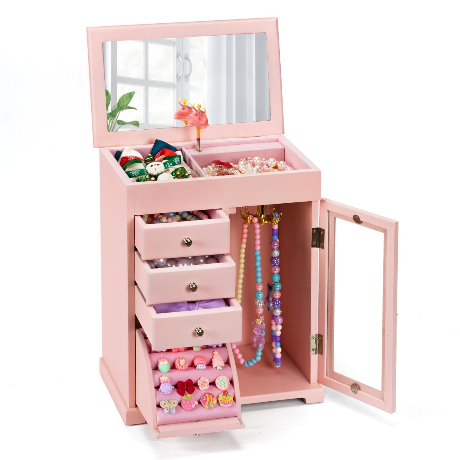 Emfogo Jewelry Box for Girls, Kids Jewelry Box with Spinning Dancer, 5 Layer Large Wooden Musical Jewelry Organizer Box Gifts for Little Girls Christmas New Year Birthday