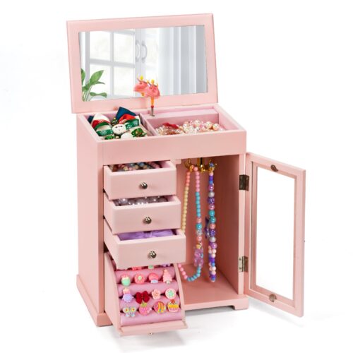 Emfogo Jewelry Box for Girls, Kids Jewelry Box with Spinning Dancer, 5 Layer Large Wooden Musical Jewelry Organizer Box Gifts for Little Girls Christmas New Year Birthday