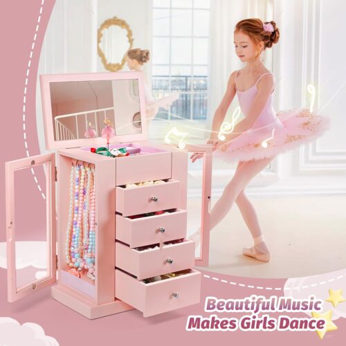 Emfogo Jewelry Box for Girls, Musical Jewelry Box with Spinning Dancer Gifts for Little Girls Christmas New Year Birthday Children's Day, 5 Layer Large Wooden Kids Music Jewelry