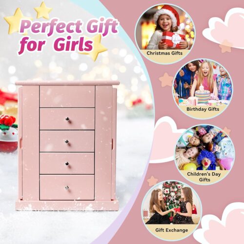 Emfogo Jewelry Box for Girls, Musical Jewelry Box with Spinning Dancer Gifts for Little Girls Christmas New Year Birthday Children's Day, 5 Layer Large Wooden Kids Music Jewelry