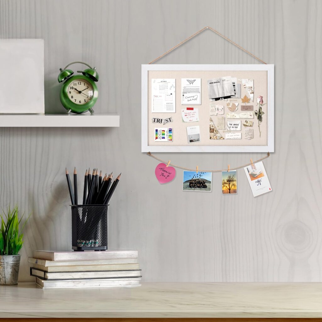 Emfogo Cork Board Vision Board, 16 "x11 White Linen Cork Boards for Walls with Frame, Pin Board Bulletin Board for Home Kitchen School Office Decor