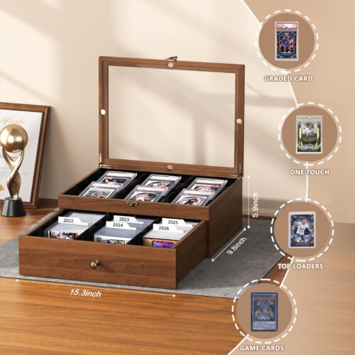 Emfogo Trading Card Storage Box, Wooden Graded Sports Card Display Case