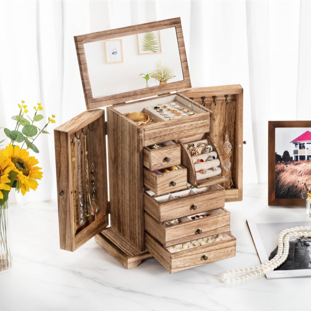 Yoimori Jewelry Box for Women, Rustic Wooden Jewelry Organizer Box with Mirror, 6 Layer Jewelry Boxes for Necklaces Earrings Bracelets Rings - Carbonized Black