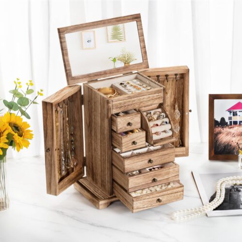 Yoimori Jewelry Box for Women, Rustic Wooden Jewelry Organizer Box with Mirror, 6 Layer Jewelry Boxes for Necklaces Earrings Bracelets Rings - Carbonized Black
