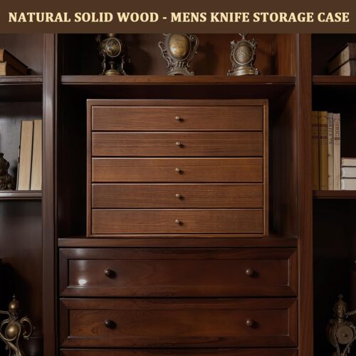 Emfogo 5-Tier Large Knife Display Case & Organizer, Wooden Pocket Knife Storage Box with Transparent Lid, Collector-Grade Holder for Folding Knives and Daggers, Ideal Men‘s Gift