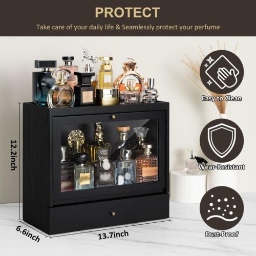 Emfogo Cologne Organizer for Men, Solid Wood Perfumes Organizer for Men Dresser, Large Capacity Dustproof Cologne Holder with Drawer Storage Perfume Stand Organizer, Ideal Gift for