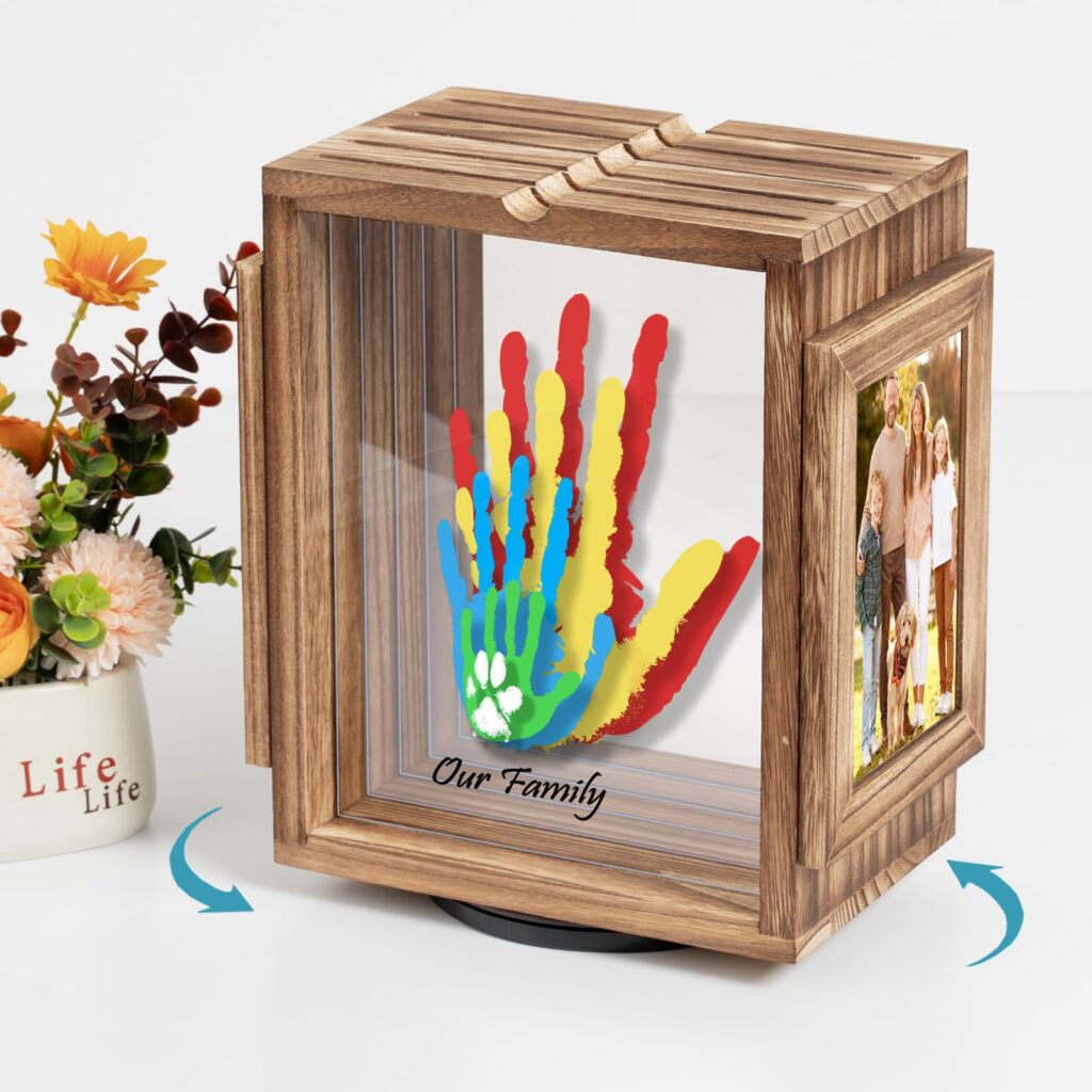 Emfogo 360 Rotating Family Handprint Kit, DIY Craft Keepsake Wooden Frame, Baby Footprint Kit, 5 Paint Colors Included, Non-Toxic Paints&Transparent Sheets, Gifts for Handprint Family Keepsake - Brown