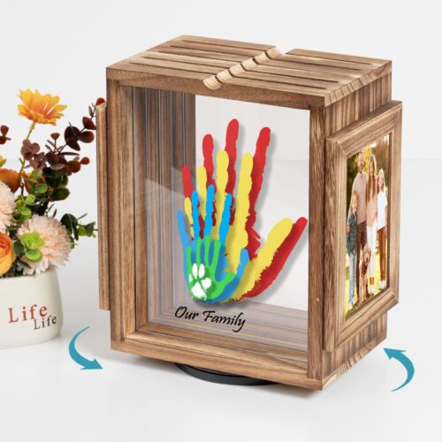 Emfogo 360 Rotating Family Handprint Kit, DIY Craft Keepsake Wooden Frame, Baby Footprint Kit, 5 Paint Colors Included, Non-Toxic Paints&Transparent Sheets, Gifts for Handprint Family Keepsake - Brown