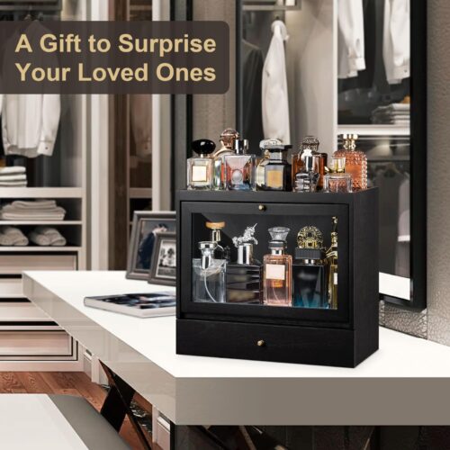Emfogo Cologne Organizer for Men, Solid Wood Perfumes Organizer for Men Dresser, Large Capacity Dustproof Cologne Holder with Drawer Storage Perfume Stand Organizer, Ideal Gift for