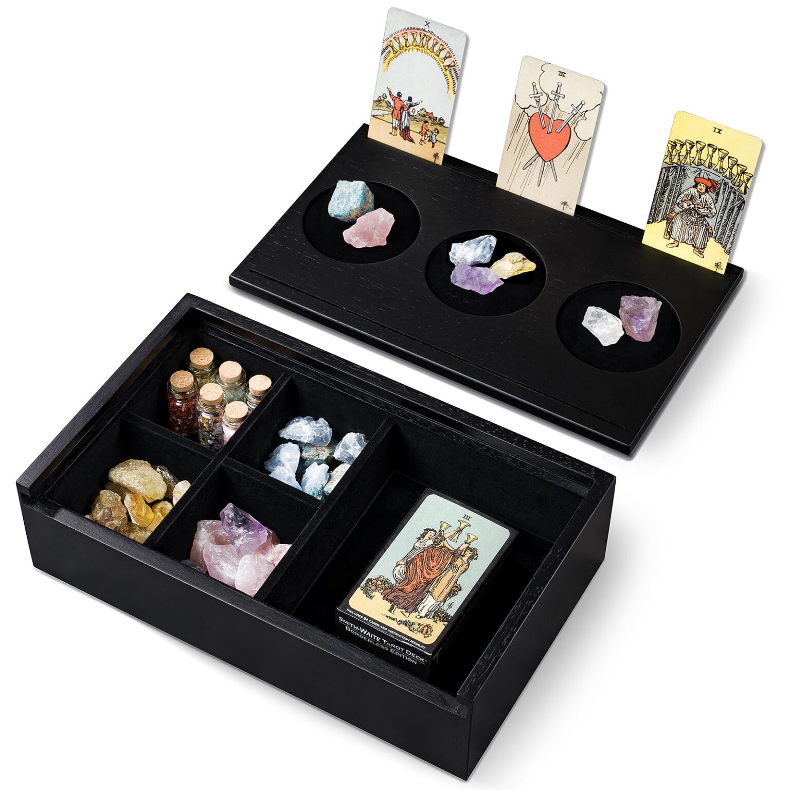 Emfogo Wooden Tarot Card Holder - Slide-Top Lid with 2 Card Slots Holds 8 Cards & Displays Crystals, Multi-Compartment Organizer for Jewelry, Trinket, Keepsake, Witchcraft Supplies