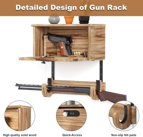 Emfogo Wooden Wall Mount Gun Rack with Lock, 2-in-1 Horizontal Display for Rifle, Shotgun and Dual Pistols, Secure Firearms Storage Hanger