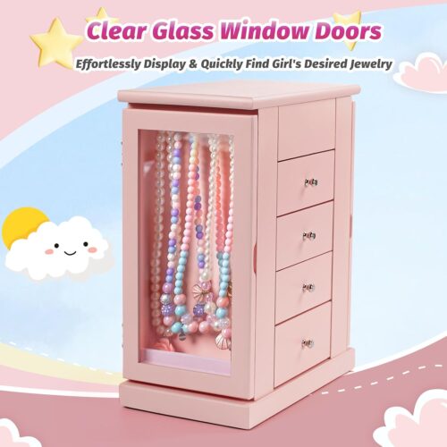 Emfogo Jewelry Box for Girls, Musical Jewelry Box with Spinning Dancer Gifts for Little Girls Christmas New Year Birthday Children's Day, 5 Layer Large Wooden Kids Music Jewelry