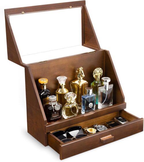 Emfogo Cologne Organizer for Men - Dustproof Stand with Drawer, Wood Perfume Stand Organizer for Dresser, Large Capacity Cologne Holder Display, Great Gift for Men