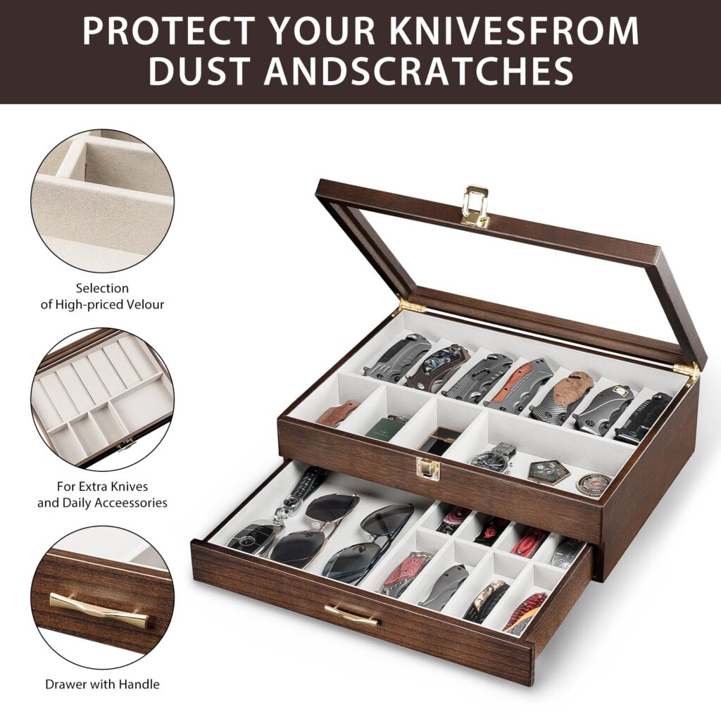 Emfogo Pocket Knife Display Case for Collection of 18-24 Folding Knives, Pocket Case with Real Glass Window Top, Two-Tier Knife Organizer Storage Box, Men's Gift