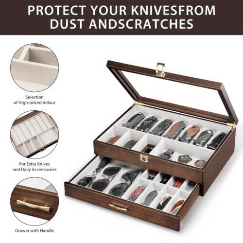 Emfogo Pocket Knife Display Case for Collection of 18-24 Folding Knives, Pocket Case with Real Glass Window Top, Two-Tier Knife Organizer Storage Box, Men's Gift