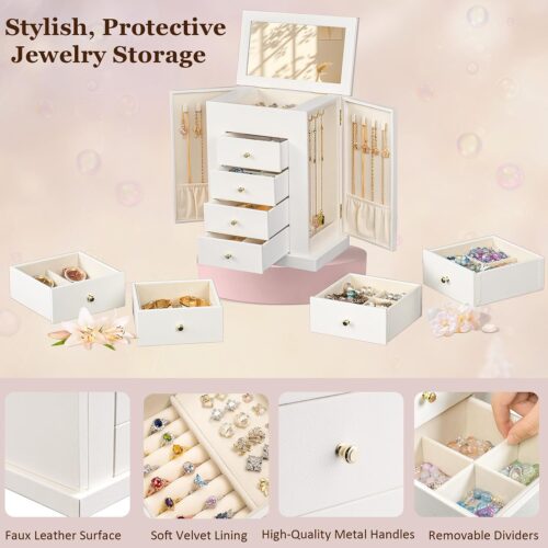 Emfogo Jewelry Boxes for Women, 5-Layer Large Leather Jewelry Organizer Box with Mirror and Drawers, Jewelry Storage for Necklaces Earrings Rings Bracelets