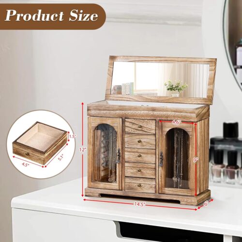 Emfogo Jewelry Box for Women Girls, Rustic Wooden Jewelry Organizer Box with Mirror, 5 Layer Jewelry Storage Case Display for Necklaces Earrings Rings Bracelets Valentine's Day