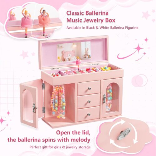 Emfogo Musical Jewelry Box for Girls, Large Wooden Kids Jewelry Organizer with Spinning Ballerina & Mirror, 5-Layer Storage with Drawers & Side Doors, Pink Jewelry Box for Girls