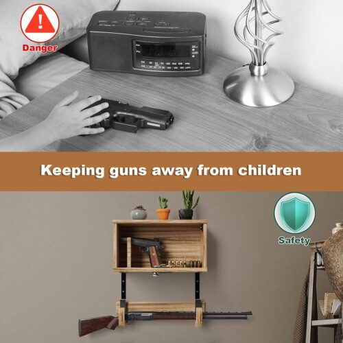 Emfogo Wooden Wall Mount Gun Rack with Lock, 2-in-1 Horizontal Display for Rifle, Shotgun and Dual Pistols, Secure Firearms Storage Hanger