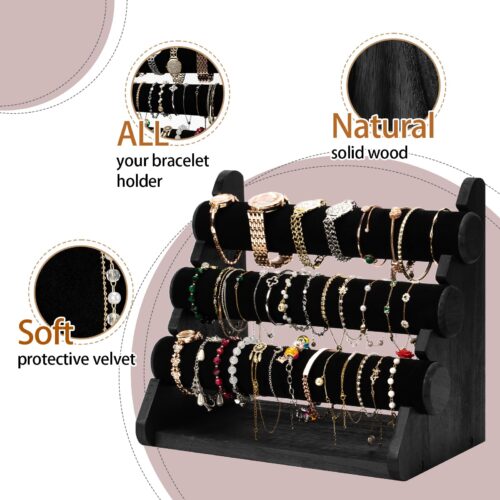Emfogo Triple Bracelet Holder Wooden Jewelry Display Stand Watch Bangle Bar Necklace Storage Organizer Bangle Scrunchie Organizer Holder for Store, Showcase and Home Storage