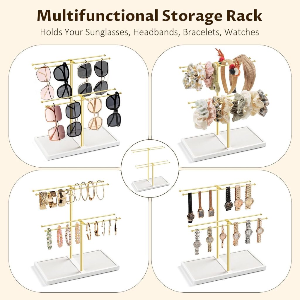 Emfogo Sunglass Organizer, 2-Tier Sunglasses Display Rack for 16 Pairs of Eyewear, Jewelry Holder Stand with Wood Tray Storage for Earrings, Bracelets, Rings & Watches