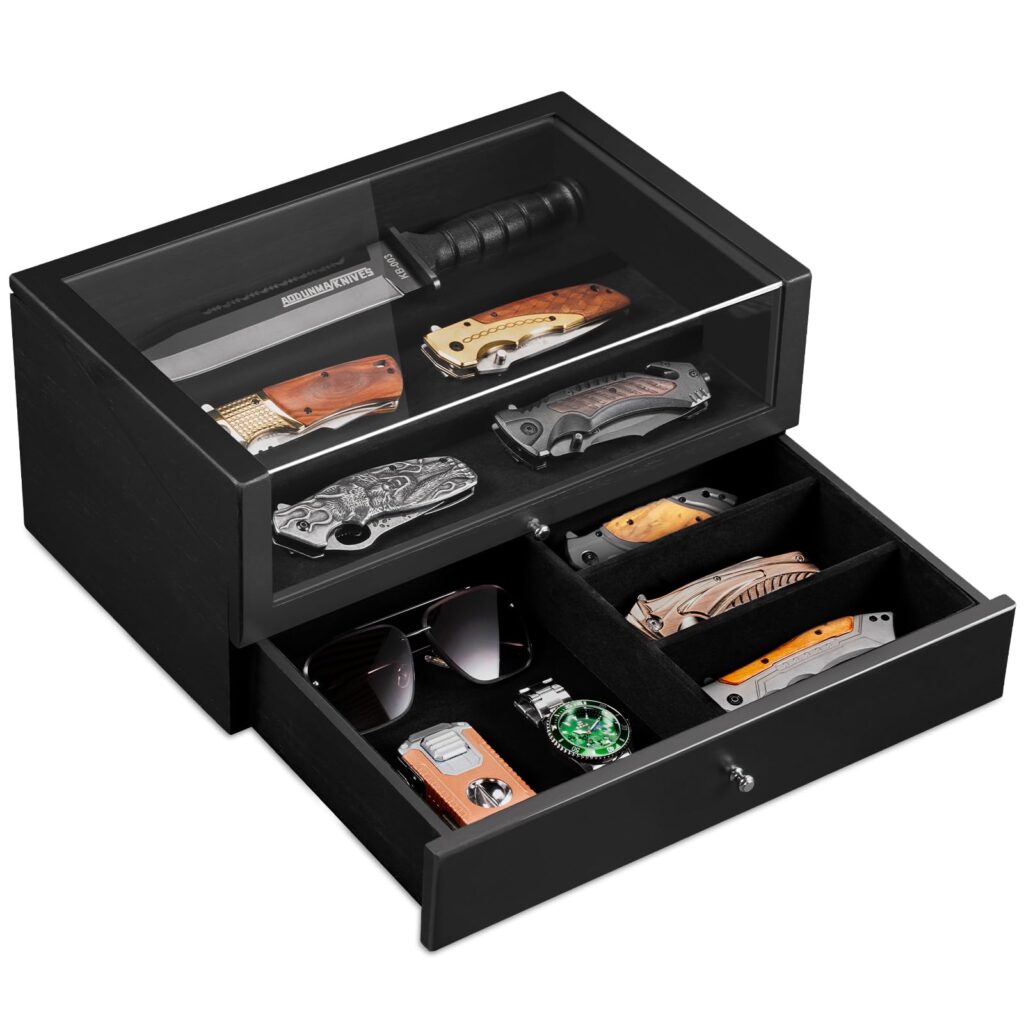 Emfogo Pocket Knife Display Case, Large Knife Collection Box for Folding Knives & EDC Gear, Solid Wood Knife Organizer with Transparent Lid & Drawer, Collector-Grade Gift for Men