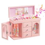 Emfogo Musical Jewelry Box for Girls, Large Wooden Kids Jewelry Organizer with Spinning Ballerina & Mirror, 5-Layer Storage with Drawers & Side Doors, Pink Jewelry Box for Girls
