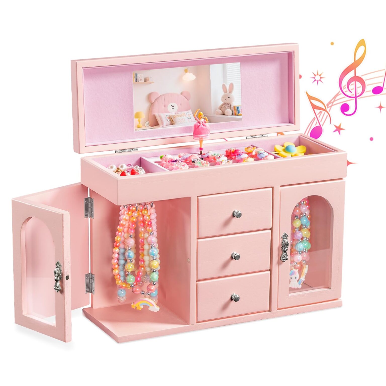 Emfogo Musical Jewelry Box for Girls, Large Wooden Kids Jewelry Organizer with Spinning Ballerina & Mirror, 5-Layer Storage with Drawers & Side Doors, Pink Jewelry Box for Girls