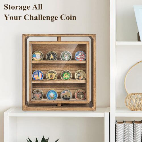 Emfogo Double-Sided Rotating Challenge Coin Display, Wooden Military Coin Holder Holds 33 Coins for Desktop, 6-Row Display Stand for Honoring Veterans & Collectors