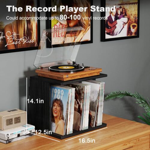 Emfogo Vinyl Record Storage, Record Player Stand Wall Mount Up to 80-100 Albums, 3-Compartment Vinyl Record Holder, Black