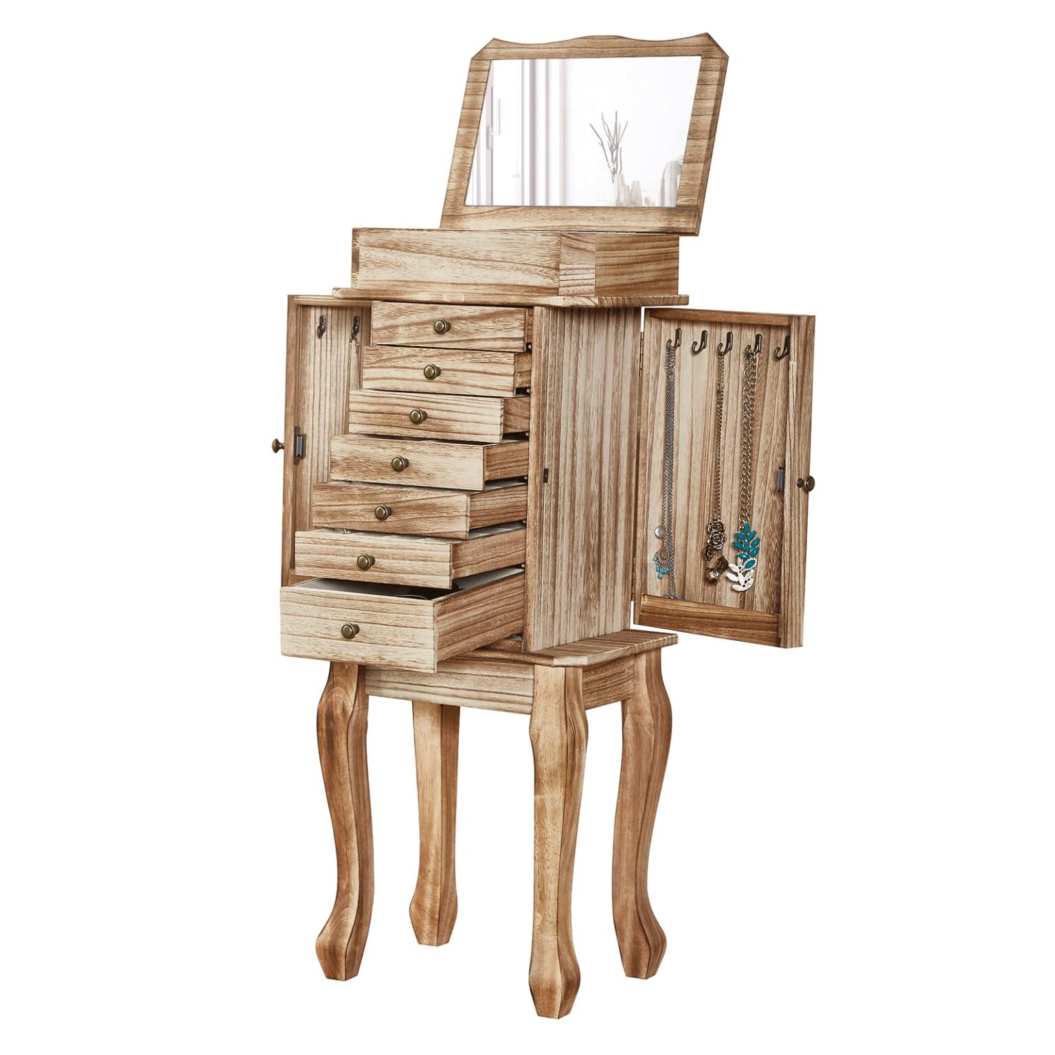 Emfogo Jewelry Box for Women, Rustic Wooden Jewelry Boxes & Organizers with Mirror, 4 Layer Jewelry Organizer Box Display for Rings Earrings Necklaces Bracelets