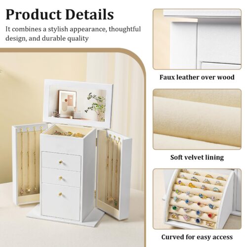 Emfogo Synthetic Leather Jewelry Box Organizer, Large Jewelry Boxes Storage with Mirror Velvet Interior, 4 Tier Jewlery Organizers for Women Girls Dedicated Slots for Ring Necklace