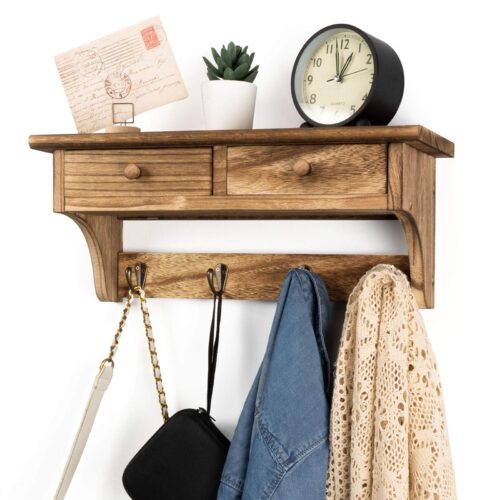 Emfogo Coat Hooks Mounted, Rustic Wood Coat Rack Mount Shelf with Hooks, Farmhouse Coat Rack with Shelf & Coat Hook for Entryway, Mudroom, Bedroom, Kitchen, Bathroom