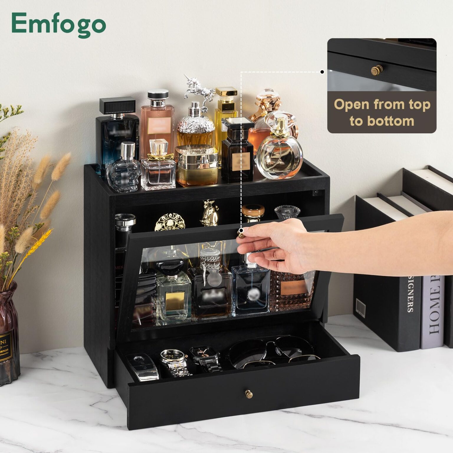 Emfogo Cologne Organizer for Men, Solid Wood Perfumes Organizer for Men Dresser, Large Capacity Dustproof Cologne Holder with Drawer Storage Perfume Stand Organizer, Ideal Gift for